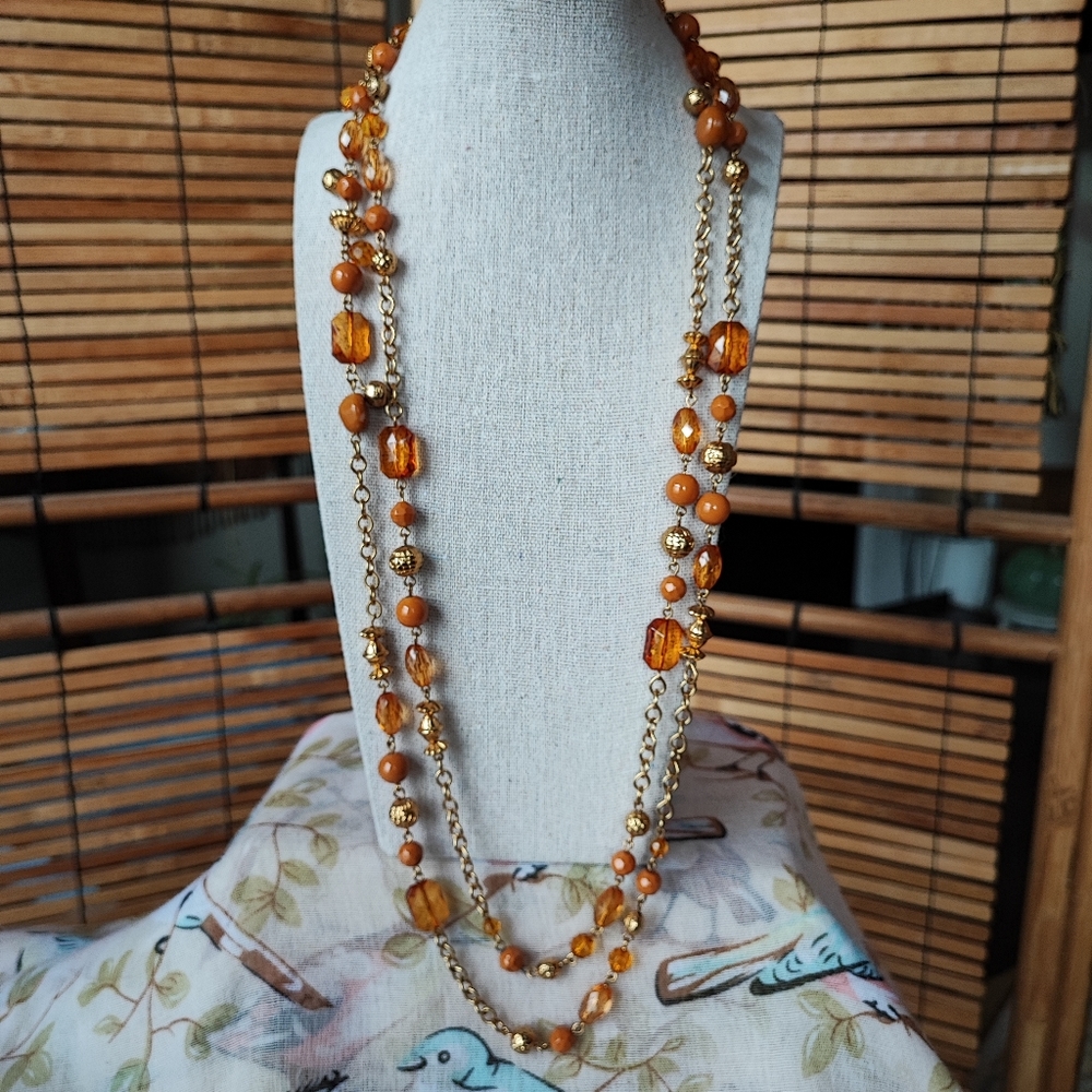 Joan Rivers Strand Pumpkin Amber Gold Tone Extra Long Necklace Glass Acrylic